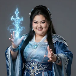 thick chubby filipina dnd mage, casting frost spell with hands, sly grin, intricate robe, exaggerated perspective, beautiful detailed face, action pose, dynamic colors, dynamic shadows, dynamic lighting, geoff johns, jason fabok, jason fabok, brad anderson, splash art