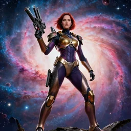 movie still frame, eva green in bio - armor and big guns in epic pose, a psychedelic nebula in the background, beautiful composition, 8 k, cgi, by ridley scott, zack snyder and michael bay