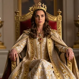 regal gal gadot sitting on queens throne royalty wearing royal mantle gold jewelry by alex ross