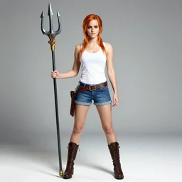 A full body portrait of emma watson as Nami from one piece holding a trident in one hand, leage of legends
