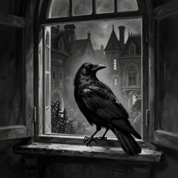 a raven perched upon a windowsill at night in a gothic manor, black & white digital painting, trending on artstation