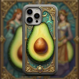 photograph of an avocado themed smartphone case, deep focus, d & d, fantasy, intricate, elegant, highly detailed, digital painting, artstation, concept art, matte, sharp focus, illustration, hearthstone, art by artgerm and greg rutkowski and alphonse mucha