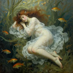 an underwater young nymph in an artistic resting pose covered in lace intricate translucent loosen cloths surrounded by beautiful fishes and water meadows, highly detailed digital by artgerm, wlop, by boris vallejo, by alphonse mucha painting
