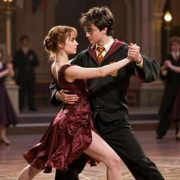 Katniss Everdeen and Harry Potter ballroom dancing, digital portrait by Greg Rutkowski, intricate, sharp focus, cinematic, epic, artstation
