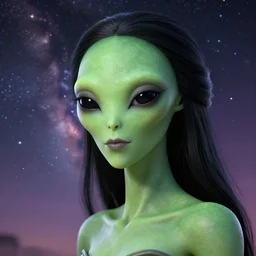 a photorealistic portrait, stunningly beautiful hyper detailed avatar alien girl, green skin, mysterious black eyes, professionally retouched, soft lighting, hyper realistic, small nose, pretty mouth, black hair, beautifully detailed colorful starry sky, wide angle, sharp focus, 8 k high definition, 6 4 megapixels, insanely detailed, stunningly beautiful