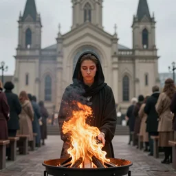 church woman burning, 8k, cinematic, award winning, rtx, realistic