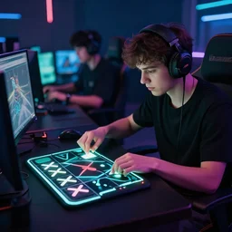 twitch esports streamer playing tic-tac-toe with cinematic cyberpunk lighting