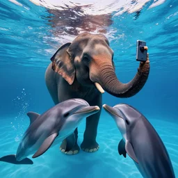 Elephant swimming in aquarium takes selfie with dolphins, high quality image, 8k
