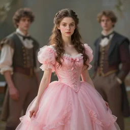 catchlight faded soft oil paint a beautiful bombshell innocent virginal, brunette princess wearing pink frilly dress in fairytale gauche by nikolay makovsky, coby whitmore,, and charlie bowater. octane render 4 k cinematic