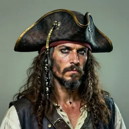 portrait of a pirate in a pirate hat, tanned, with a gray beard, concept art