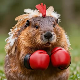 a beaver covered in chicken feathers wearing boxing gloves
