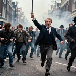 2 4 mm color photograph of geert wilders, shouting, crazy eyes, raising a sabre in the air and running towards a group of scared, fleeing people in amsterdam, atmospheric lighting, by joel meyerowitz, by saul leiter