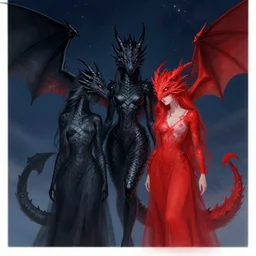 black and red dragon girls in the sky, night setting with stars. realistic shaded lighting poster by ilya kuvshinov katsuhiro, magali villeneuve, artgerm, jeremy lipkin and michael garmash, rob rey and kentaro miura style, trending on art station