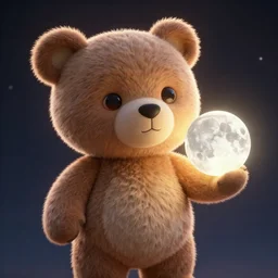a very cute teddy bear holding the moon in it's hand, backlight, 3 d render, octane render, magical lighting, highly detailed still from moon holder by pixar and dreamworks