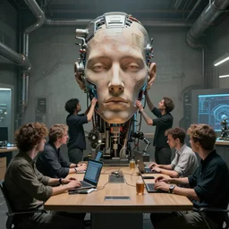a group of people sitting around a table in a room, while men operate on a giant artist head, cyberpunk art by rube goldberg, cgsociety, beeple, computer art, dystopian art, reimagined by industrial light and magic, concept art