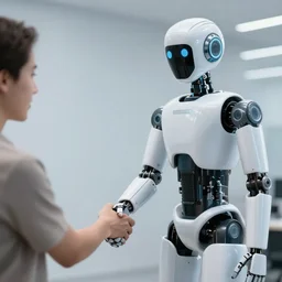 a robot shakes hands with a human, stock photography
