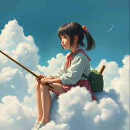 a young girl sitting on a cloud holding a fishing rod. detailed. 8 k. matte painting. dramatic. hard edges. poster. copic markers. pseudo realism. by masayoshi suto. waterhouse jordan grimmer. ruan jia