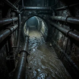 super sewer, tunnels, sludge river, effluent, pipes, gothic, eery lighting, matte painting