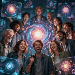cinematic shot epic group happy humans, hyper realistic, mood lighting, fantasy, detailed overlapping matrix of beautiful digital images, floating graphics, supercomputers text to images, beautiful singularities, highly detailed, super realistic, perfect lighting pixel sorting, style sheet