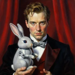 a close - up portrait painting of a magician holding a robot rabbit. red curtains in a gloomy dark background. highly detailed science - fiction painting by norman rockwell, moebius, frank frazetta, and syd mead. rich colors, high contrast. artstation