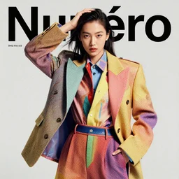 portrait of numero magazine fashion model with exuberant clothing style, colorful, dynamic pose, beautiful face, octane render, vray, detailed, halftoned, editorial photo, matte print, grainy light, ( ( dither ) ), risograph, high contrast, screen print, rich grainy texture, fujifilm superia, kodak portra
