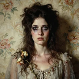 a beautiful and eerie baroque painting of a beautiful but serious woman in layers of fear, with haunted eyes and dark hair piled on her head, 1 9 7 0 s, seventies, floral wallpaper, wilted flowers, a little blood, morning light showing injuries, delicate ex embellishments, painterly, offset printing technique