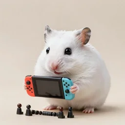 white hamster holding with its little pawns a liftle nintendo switch playing