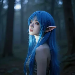 stunning, breathtaking photo of a beautiful elf with blue hair and elf ears in a hazy forest at dusk. trending on artstation. dark, moody, eerie lighting. brilliant use of glowing light and shadow. sigma 8 5 mm f / 1. 4