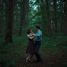 a drunk couple dancing in a forest, film still from the movie directed by wes anderson with art direction by zdzisław beksinski, wide lens, neon lights,