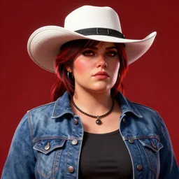 highly detailed portrait of chubby woman wearing a white wide brim straw hat and a denim jacket. red dead redemption art, unreal engine, fantasy art by greg rutkowski