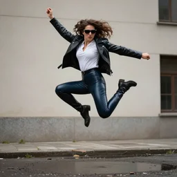 rocker ninja girl jumping, dark tight latex suit, wearing a leather jacket and white blouse, wearing shiny dark sunglasses, jumping over a puddle, dynamic pose, by esad ribic