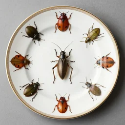 fancy dinner plate decorated with bugs and orthoptera. highly detailed