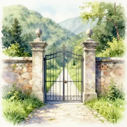 portal to a hidden valley, paved, botanic watercolors, grass, iridescent, 8 k, realistic shaded, fine details, artstation, italian, iron gate