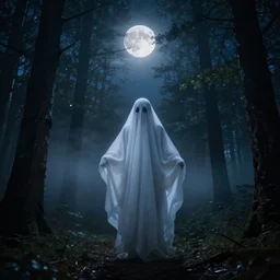 photo of a ghost at forest at night, with moonlight, stars and fog