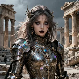 beautiful and gothic and victorian and evil and dieselpunk medieval female armor portrait like lisa blackpink+smoky eyes+front face with light flowing hair, ultradetail face, ruined ancient Agora of Athens, art and illustration by tian zi and craig mullins and WLOP and alphonse mucha, ssci-fi, fantasy, neon lights reflect, intricate complexity, human structure, fantasy character concept, watermark, blurry, hyperrealism 8k