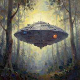 elven spaceship looming above woodlands. gouache fairytale art, russian romanticism, muted palette, psychedelic art, backlighting