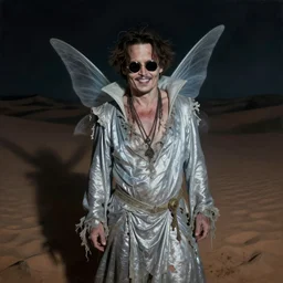 portrait of mischievous, dangerous old Johnny Depp, smiling as a queen of fairies, dressed in a worn out silver dress, wearing round sunglasses. The background is a dark, creepy Middle eastern desert. night, horroristic shadows, high contrasts, lumnious, foggy effect, photorealistic, dreamlike, mist filters, theatrical, oil canvas art by Henry Meynell Rheam and Cesare Saccaggi