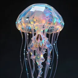 3 d close - up, low poly swirly broken in to pieces fractured iridescent human skull jellyfish, highly detailed. by wlop, tooth wu, greg rutkowski, alena aenami, beeple