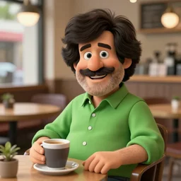 Bob Ross is wearing a cute green button up shirt, he's chilling in a coffee house, hyperdetailed, artstation, cgsociety, 8k
