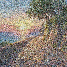 a lonely cobblestone street with a tree on a cliff over the sea at sunset, brightly illuminated by rays of sun, artstation, colorful makoto shinaki illustration, by peter chan, day of the tentacle style, low camera angle