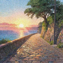 a lonely cobblestone street with a tree on a cliff over the sea at sunset, brightly illuminated by rays of sun, artstation, colorful makoto shinaki illustration, by peter chan, day of the tentacle style, low camera angle