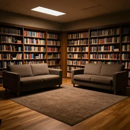 a library room with a dim light, two sofas, a wooden floor and a carpet.
