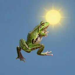 photograph of a frog leaping up to eat the sun.