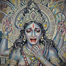 A cinematic crying neo-classical closeup portrait of the Hindu demon goddess of grief despair sorrow, by jim warren, by Edward Hopper, by Wayne Barlowe, by Paul Lehr, by Bruce Pennington, by Zdzisław Beksiński, by HR Giger, oil on canvas, masterpiece, trending on artstation, featured on pixiv, cinematic composition, astrophotography, dramatic pose, beautiful lighting, sharp, details, details, details, hyper-detailed, no frames, 8K