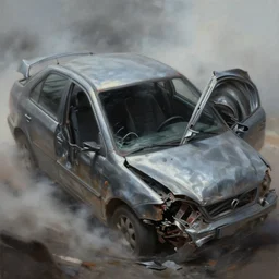 masterful fantastic realist painting of metal twisting car interior, the windshield closing in, spinning, weird perspective, spinning thrashing car wreck, digital painting trending on artstation, volumetric lighting and mist, hyperrealistic, octane render