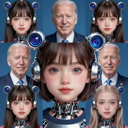 portrait mosaic of a beautiful cute girl with robot ears and eyes by joe biden, 4k, intricate details, digital, between heaven and hell