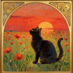 a masterpiece painting by alfred mucha : a small black cat taking the sun in a poppy field with a red sunset in the background