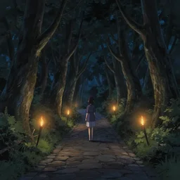 haunting wooded trail at night with twisting trees and dim glowing torches, cobblestone trail, makoto shinkai, alena aenami, photorealism