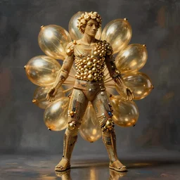 a sculpture of a man made out of golden balloons, a surrealist sculpture by elizabeth murray, behance, plasticien, biomorphic, made of beads and yarn, full body, octane render, reflection