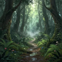 a trail in the ancient forest, ornate, beautiful, atmosphere, vibe, mist, rain, wet, puddles, fern, flowers, concept art illustration, color page, tone mapping, akihiko yoshida, james jean, andrei riabovitchev, marc simonetti, yoshitaka amano, digital illustration, greg rutowski, volumetric lighting, sunbeams, particles